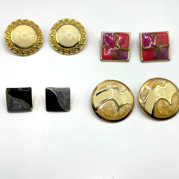 Vintage Pierced Enamel Earrings Set of 4 Retro Costume Jewelry Lot Mixed Bundle - Picture 1 of 11